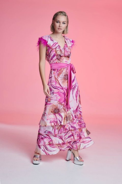 Φόρεμα floral με ζώνη και πούπουλα