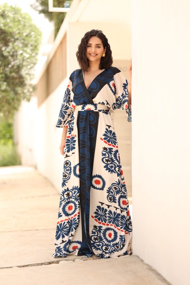 Φόρεμα κιμονό με δική του ζώνη μπλε